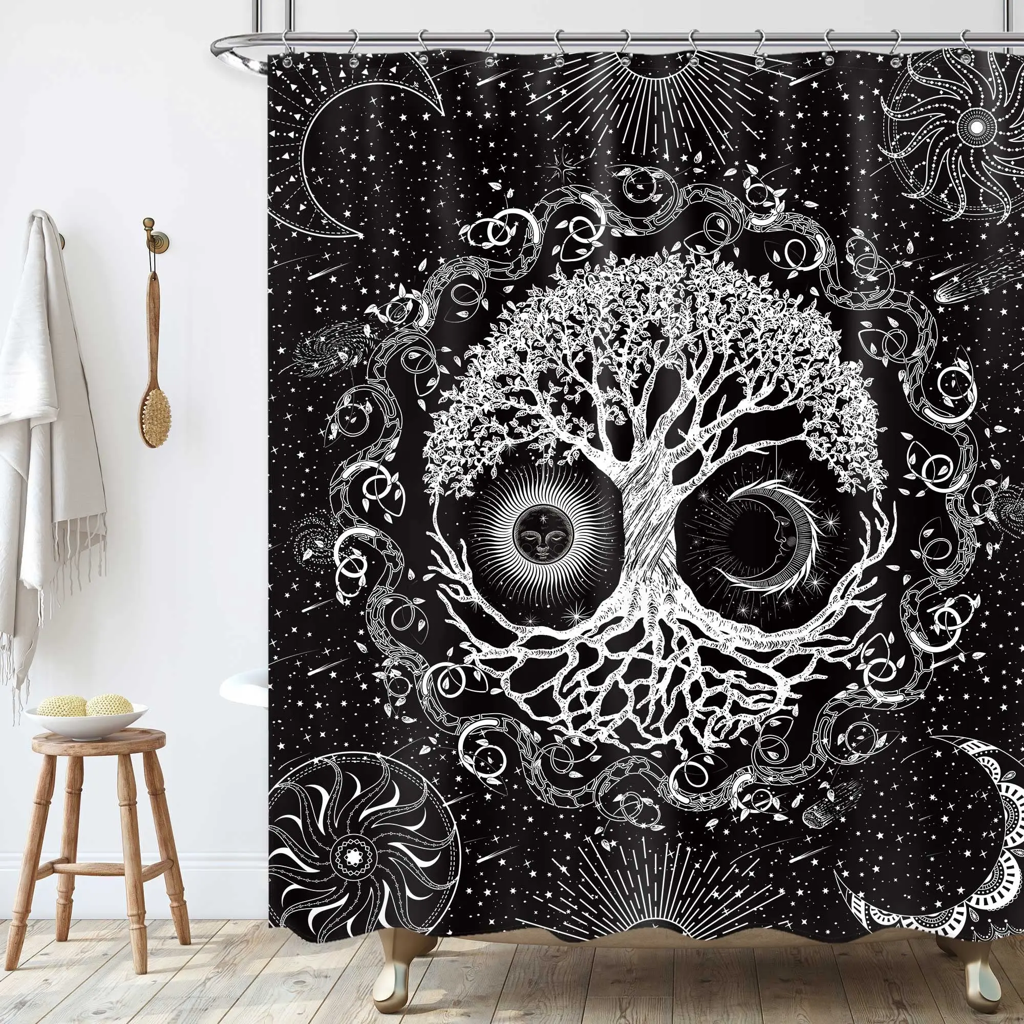 Tree of Life Shower Curtain Set Gothic Black White Sun Moon Shower Curtain for Bathroom Zen Magic Nature Tree Mystic Bath Decor