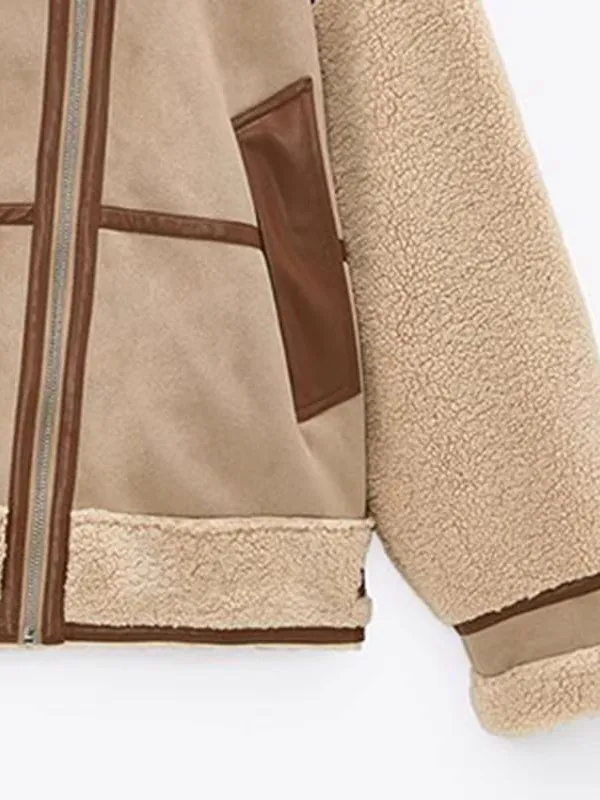 Automne hiver femmes motard Sle ample fourrure et cuir Jaet eepskin Patchwork manteau Polyester Long Sve fermeture à glissière