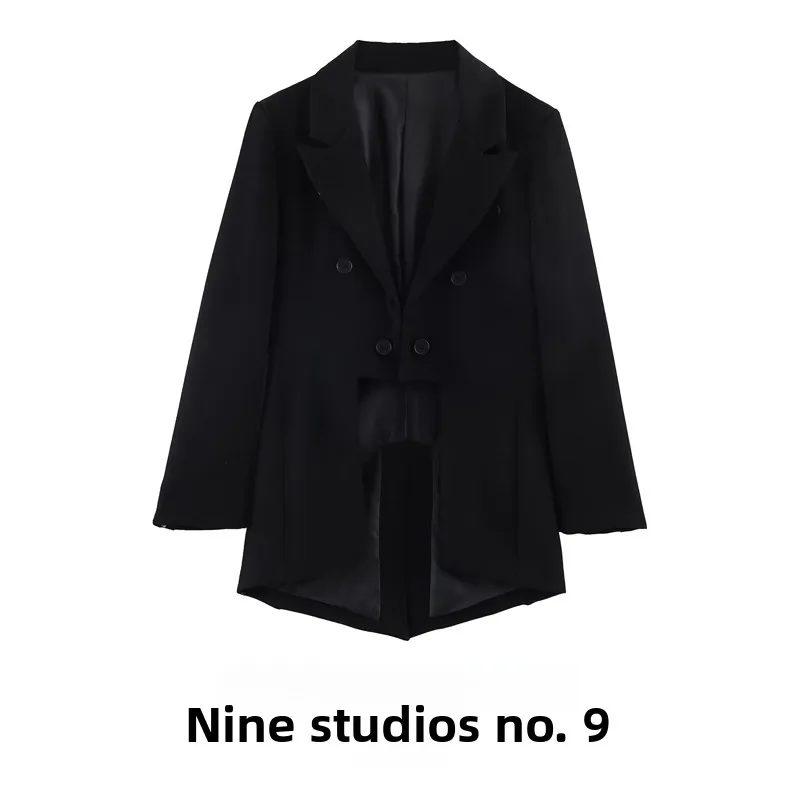 

Asymmetric Hem Loose Pure Color Suit Jacket Women's Fashion Outerwear Long Sleeve Polyester Fiber Double Breasted Button