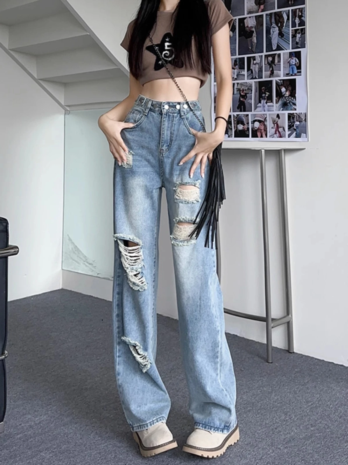 American Style High Waist Ripped Skinny Jeans Women's Slim Straight Thin Summer New Loose Wide Leg Pants Cotton Polyester Blend