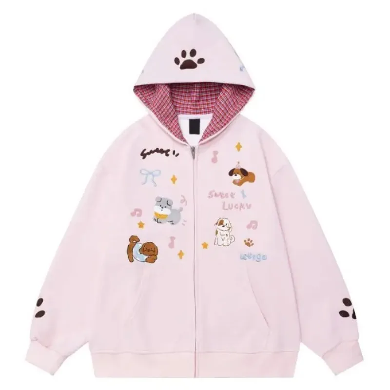 Funny Cute Cartoon Puppy Plaid Patchwork Hooded Loose Coats Long Sleeve Casual Zipper Hoodides Women Y2k Graphic Ropa Mujer