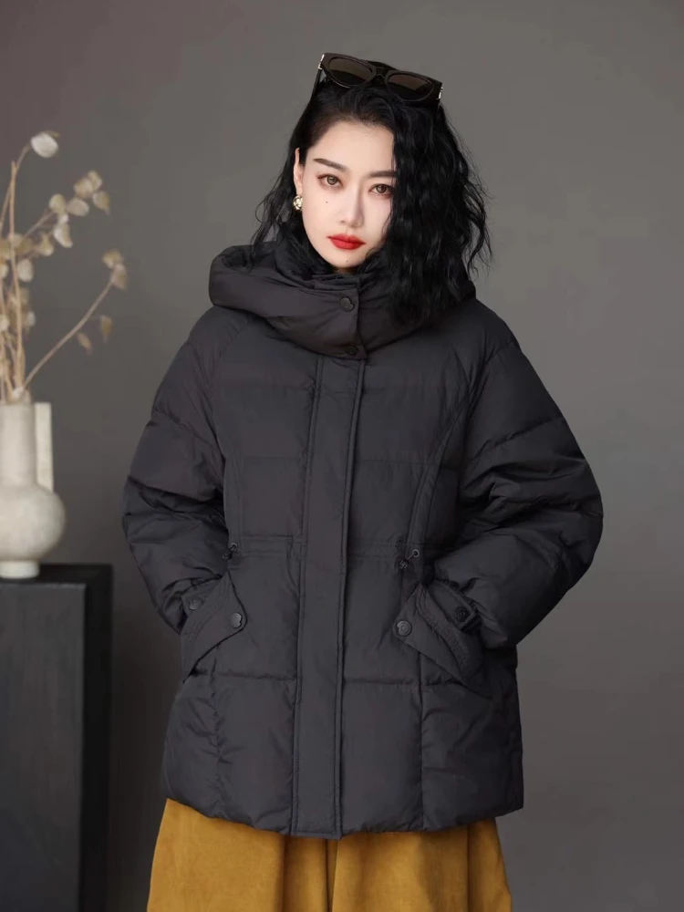 Puffer Jacket Women Winter New Outerwears Korean Simple Solid Drawstring Down Jackets Thick Loose Warm Hooded Women\'s Parker