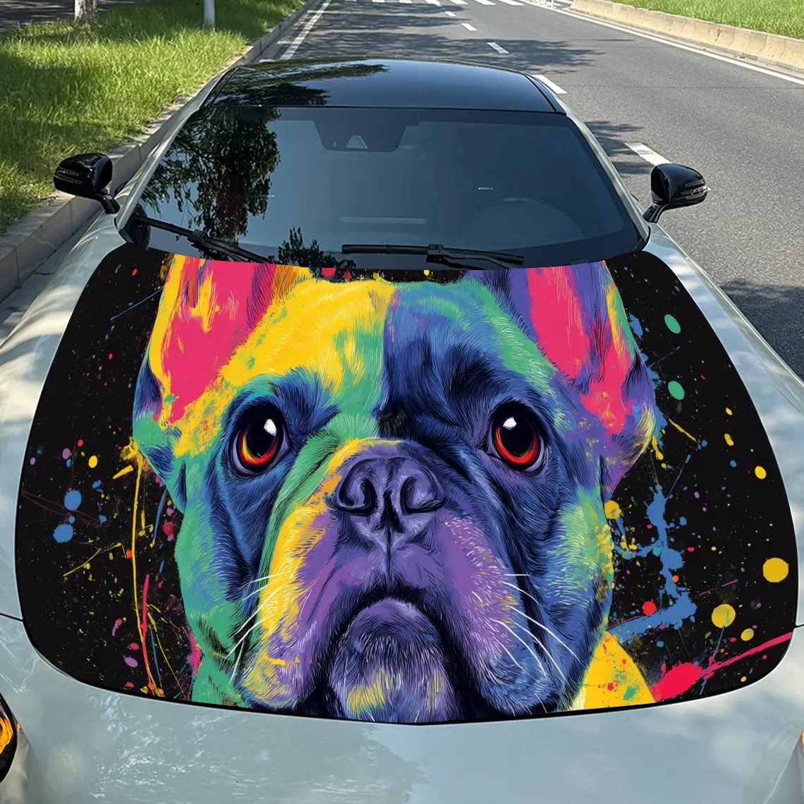 

Colorful French Bulldog PVC Car Hood Wraps, Self-Adhesive Waterproof Car Bonnet Decal Sticker, Car Decoration Protection Sticker