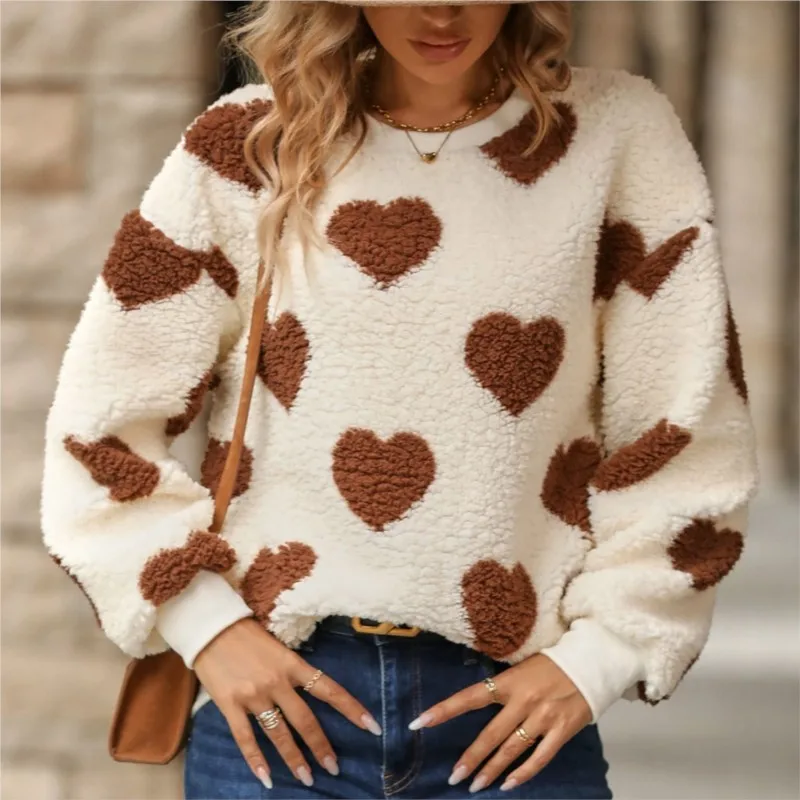 

New Plush Heart Print Sweatshirt Pullovers Women Casual Loose O Neck Long Sleeve Comfortable Tops Women's Homewear