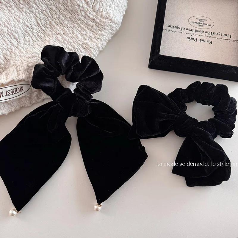 Black velvet pearl pendant with ribbon style hair loop and hair rope high-end vintage velvet temperament versatile headdress