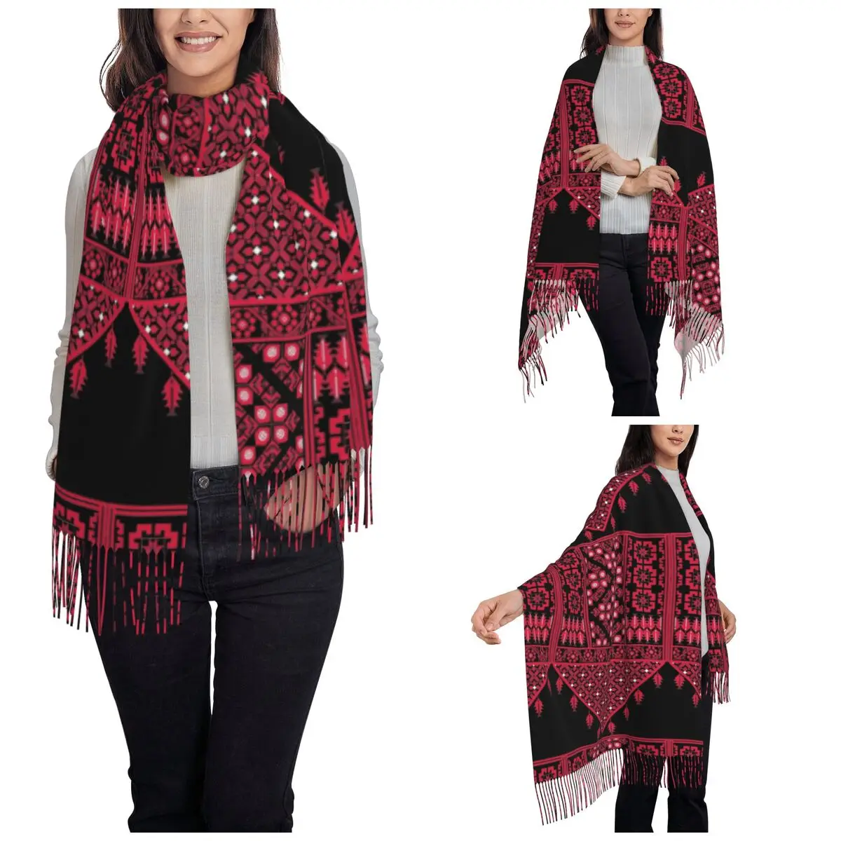 Palestinian Tatreez Cross Arabic Art Shawls Wraps for Women Winter Large Soft Scarf Neckerchief Tassel Scarves