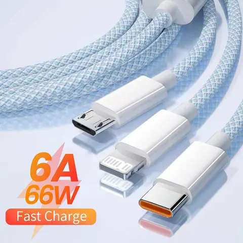 6A 66W 3 en 1 câble de charge rapide 6A USB Type C câble USB C câble de données 3A Micro USB câble de téléphone portable pour Huawei 1.2M/2M/3M