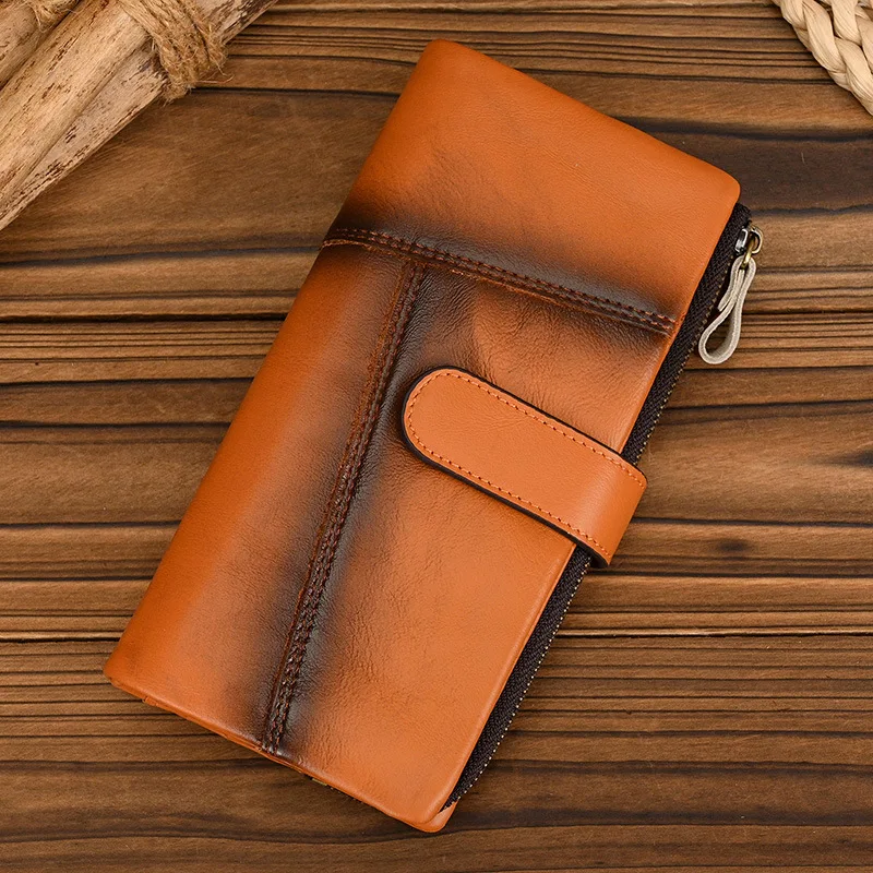 

Кожаный кошелек в стиле ретро с кожаным цветным длинным сращиванием, многокарточный портативный RFID-кошелек для хранения мобильного телефона большой емкости