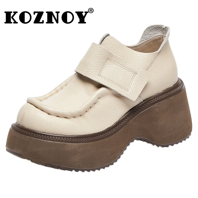 

Koznoy 7cm Genuine Leather Fashion Ladies Luxury Ethnic Platform Wedge Round Spring Autumn Mary Jane Women Ladies Hook Shoes