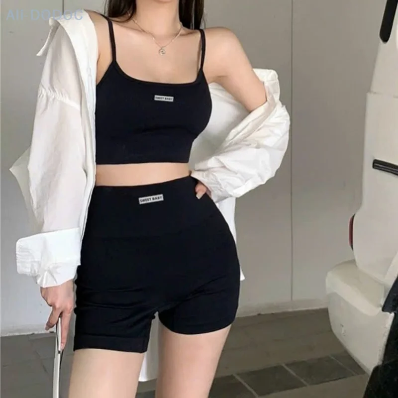 2Pcs/Set Solid Color Women Sporstwear Seamless Knitting Yoga Set Sport Bra With High Waist Shorts Fitness Sleeveless Tracksuit