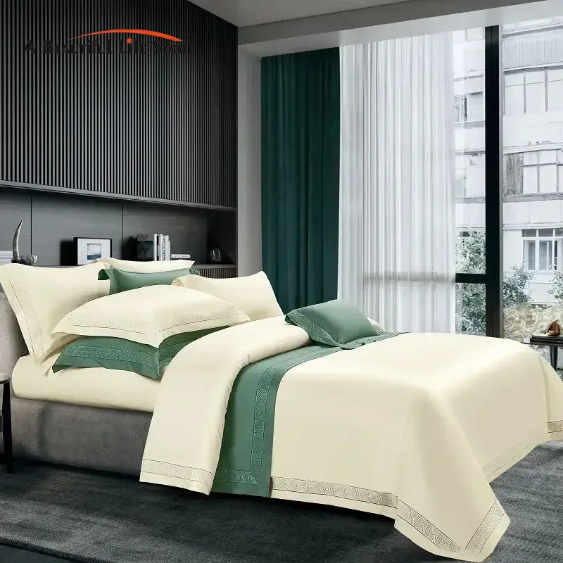 Luxury Hotel Style 1400TC Cotton Bedding Set Embroidery Smooth Soft Silky Duvet Cover Bed Sheet Pillowcases Full Queen King Size