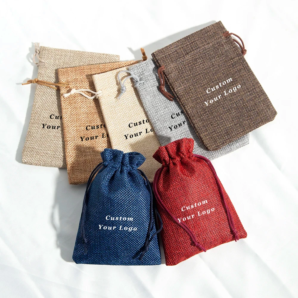 

100Pcs Personalized Logo Burlap Gift Bag with Drawstring Reusable Jewelry Packaging Natural Linen Jute Wedding Favors Gift Pouch