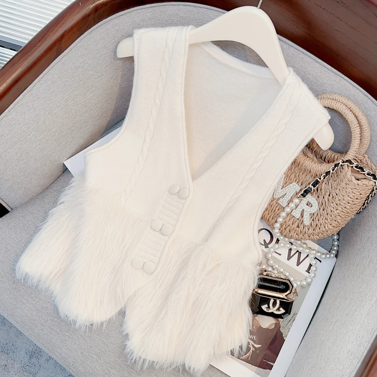 Faux Mink V-neck Knitted Sweater Vests Women Sleeveless Double-breasted Elegant Loose Tops 2023 Autumn Solid Fashion Chic Vest