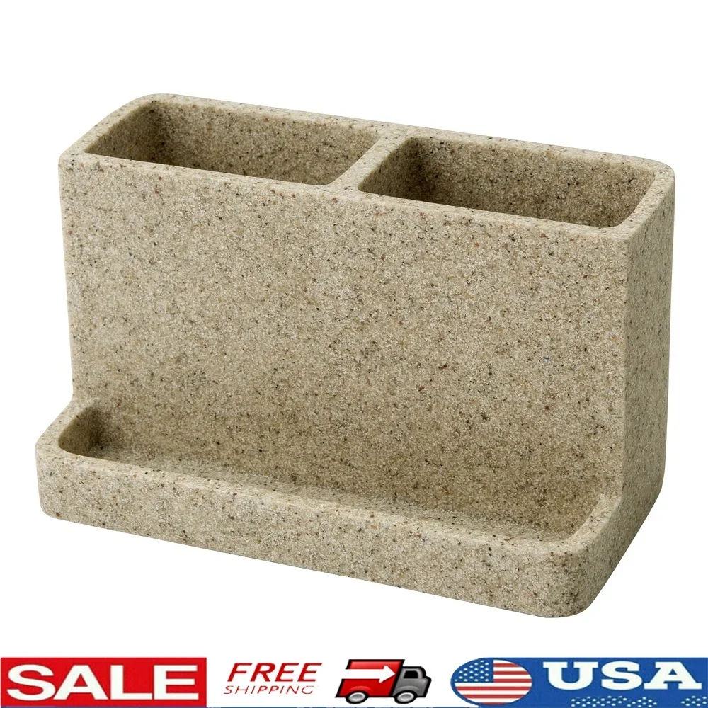 

Natural Stone Finish Vanity Organizer with 2 Compartments and Attached Mobile Device Tray Bathroom Office Use