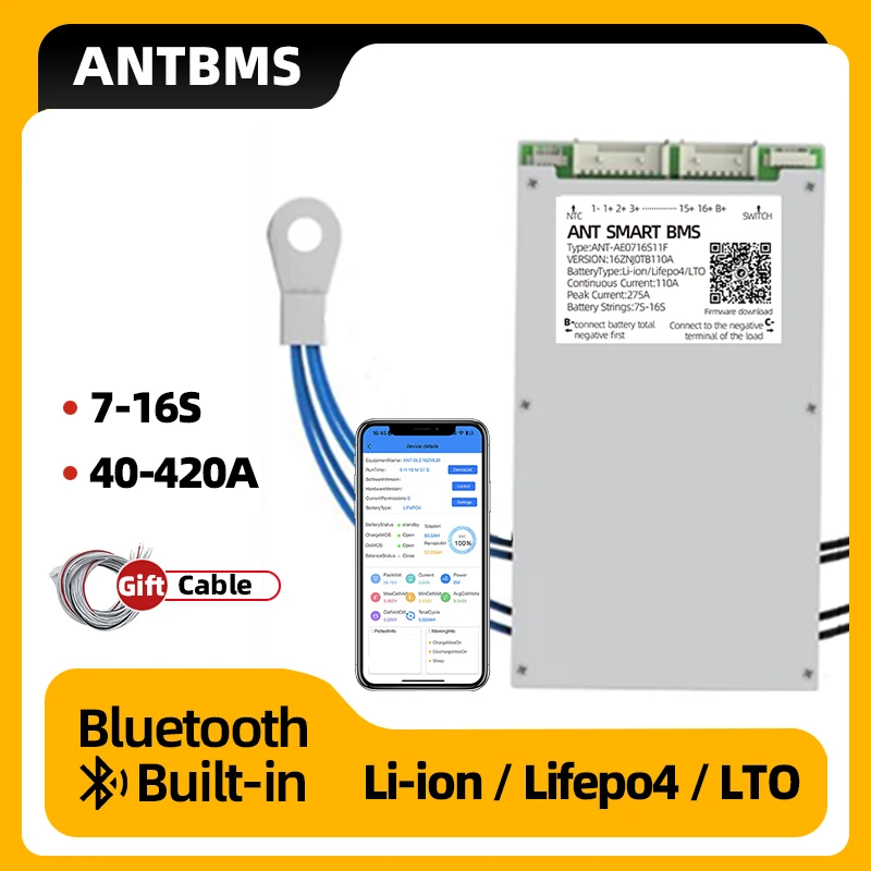 

ANT Smart BMS 7S 8S 10S 12S 16S Li-ion LifePo4 LTO Battery 80A 110A 220A 325A 24V 36V 48V Bluetooth Built-in Smart Balance Board