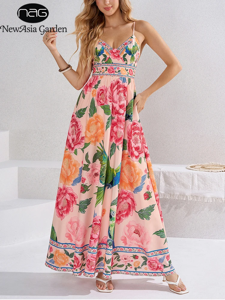 NewAsia Boho Floral Parrot Print Maxi Dress for Women Spaghetti Strap V Neck Backless Bow Long Dress Summer Casual Party Dresses