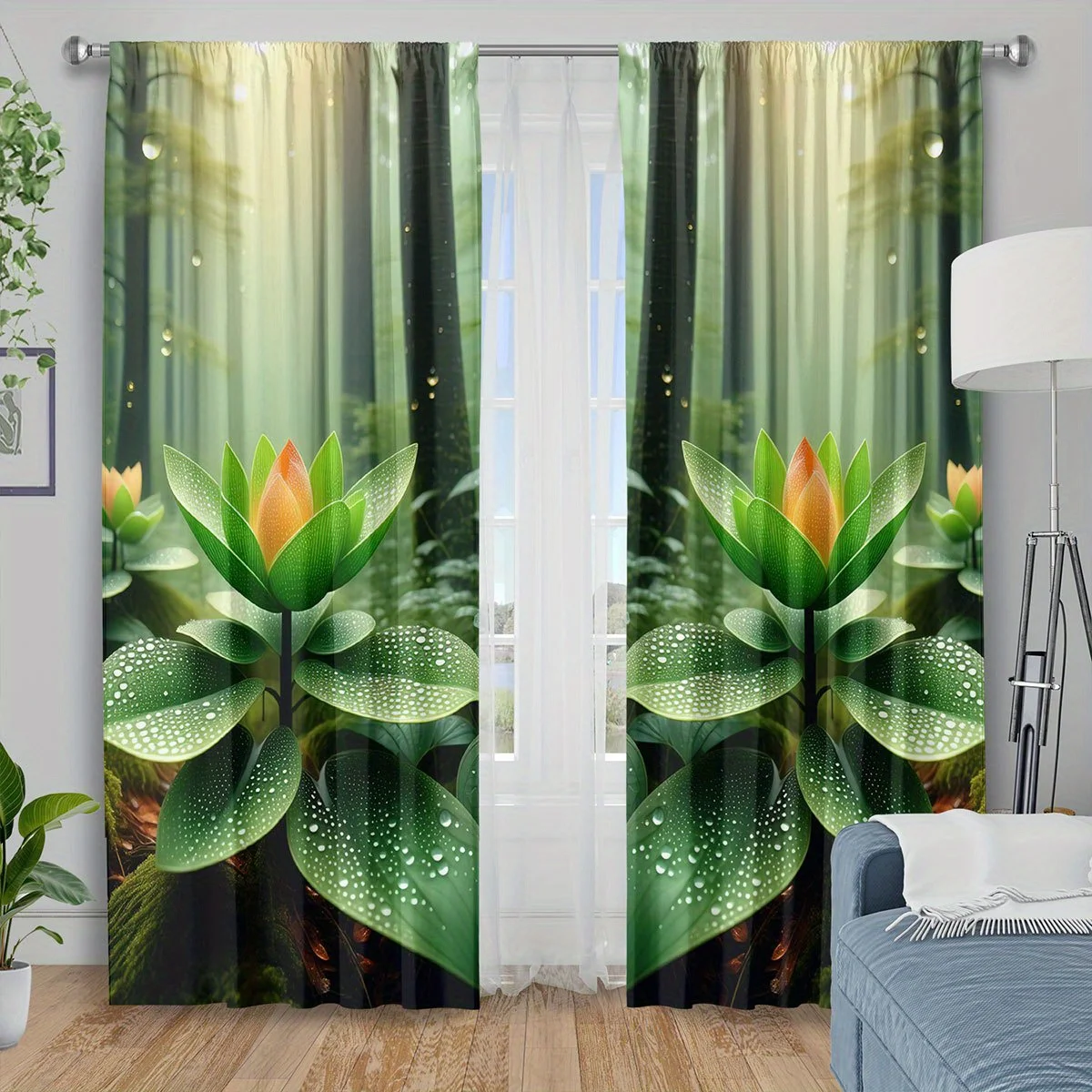 Green Lotus Flower Curtain, Zen Forest Blackout Drapes, Nature Plant Print Window Treatment for Living Room Bedroom