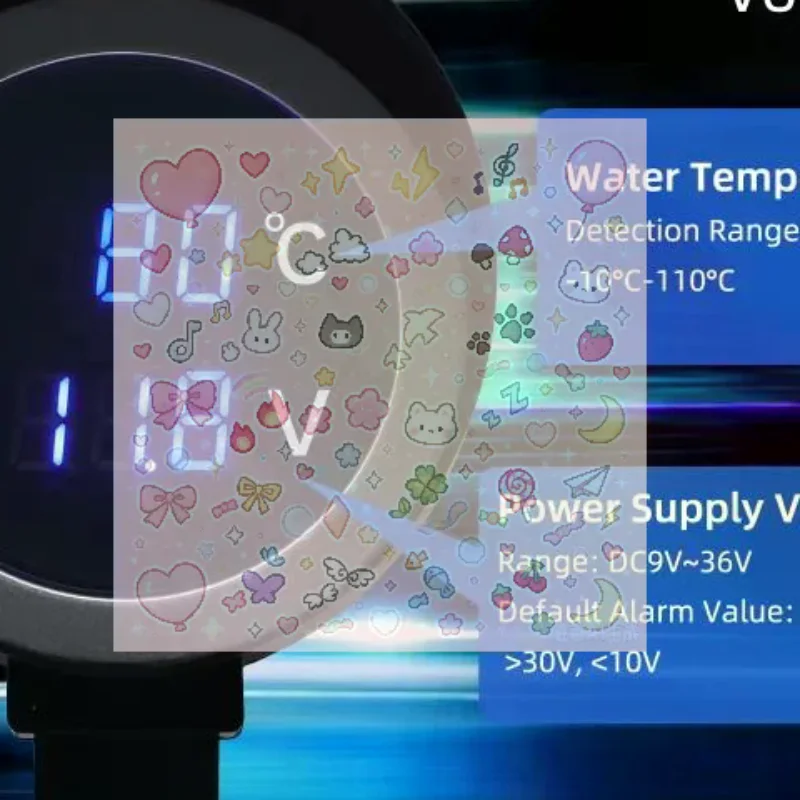Auto LCD Water Temperature & Voltmeter Gauge 2 In 1 Round Led Digital Water Temp Gauge + Temperature Sensor 10mm 12V 24V
