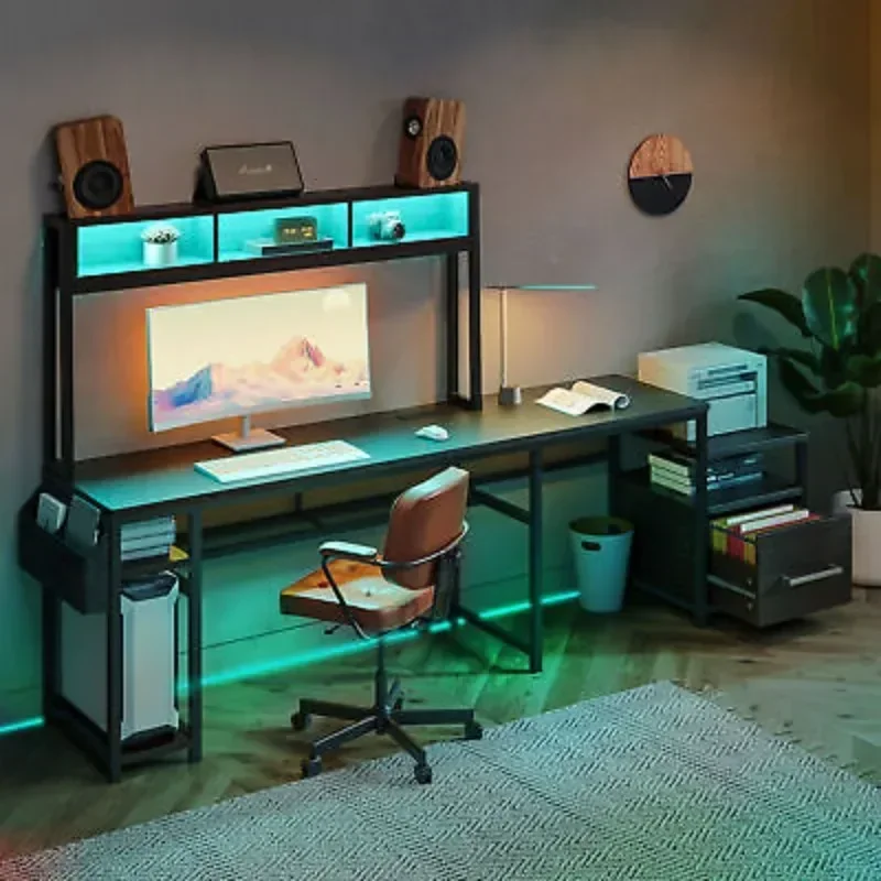 Reversible L-Shaped Computer Desk with File Cabinet, LED Lights & USB AC Outlet