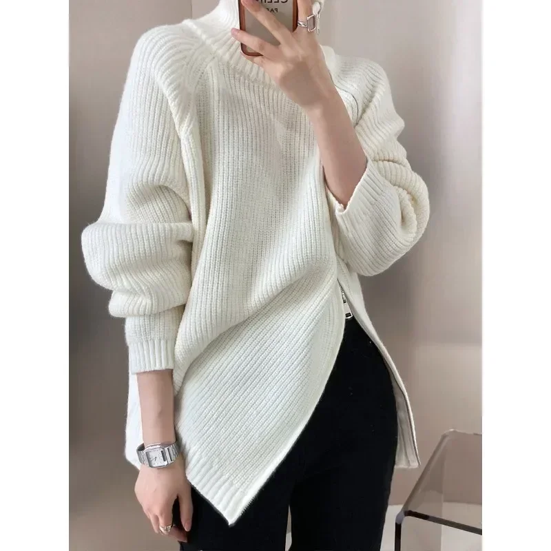 Autumn Winter Women's Zipper Oversize Korean Women Sweaters Knitwears Loose Thick Warm High Neck Solid Pullovers Women Y2k