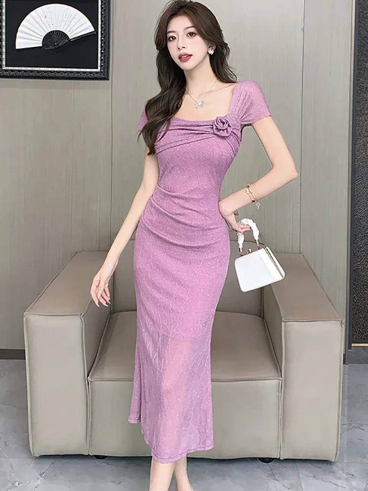 2024 New Purple Sequins Jacquard Casual Long Dress Spring Summer Chic Flower Square Collar Dress Women Elegant Bodycon Vestidos