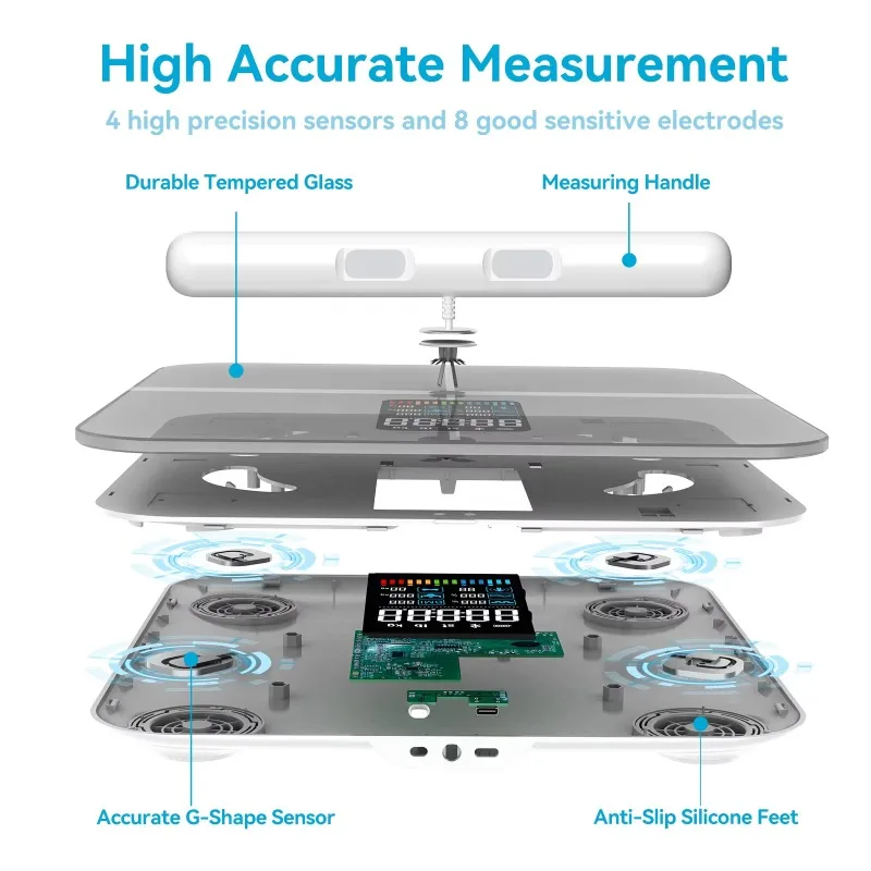 8 Electronic BMI Glass VA Screen White Black Body Weight Fat Analysis digital smart scale with IOS and Android APP