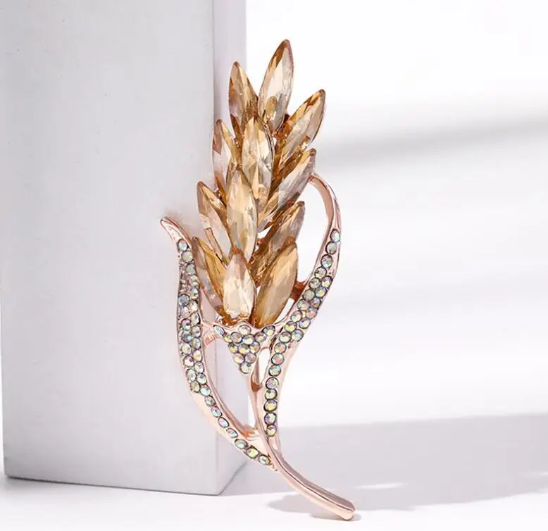 Elegant Wheat Crystal Brooches For Women Shiny Rhinestone Flowerpot Plant Pins Suit Clothes Fashion Show Luxury Accessories