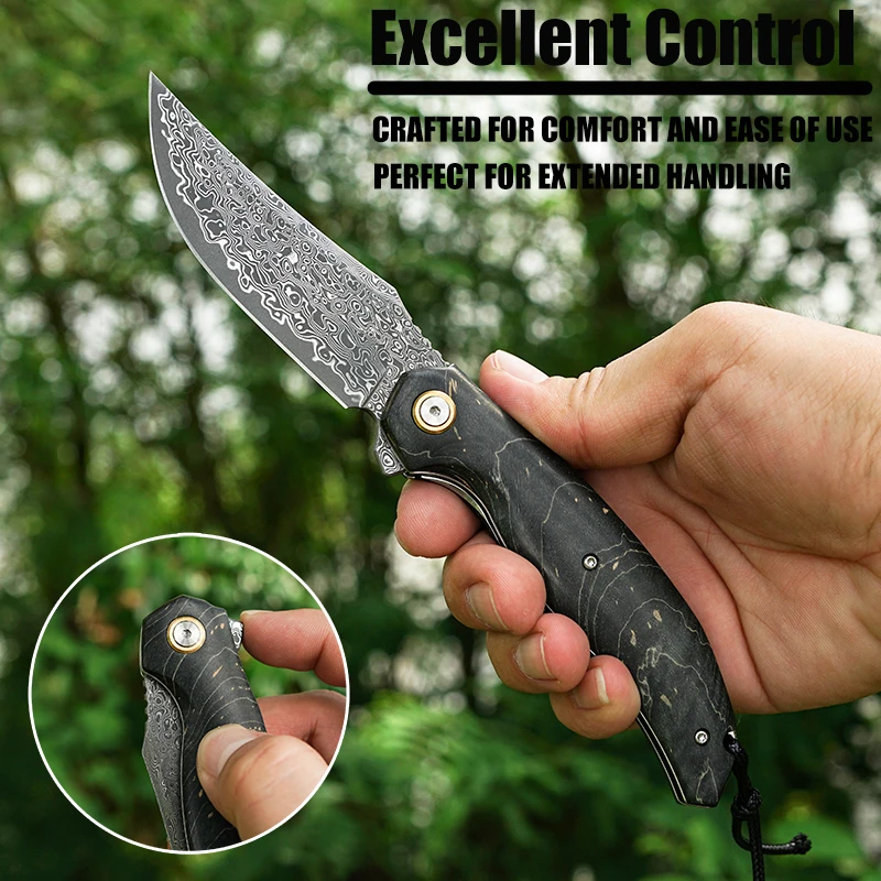 Handmade Damascus Steel Folding Knife,Men's Pocket Clip Knife,Hunting Adventure,Camping Fishing Outdoor Survival Kitchen Knife