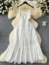 Elegant Embroidery Cotton Hollow Out Long Dresses Women 2025 Summer Holiday Sexy Backless Evening Party Robe Beach White Dress
