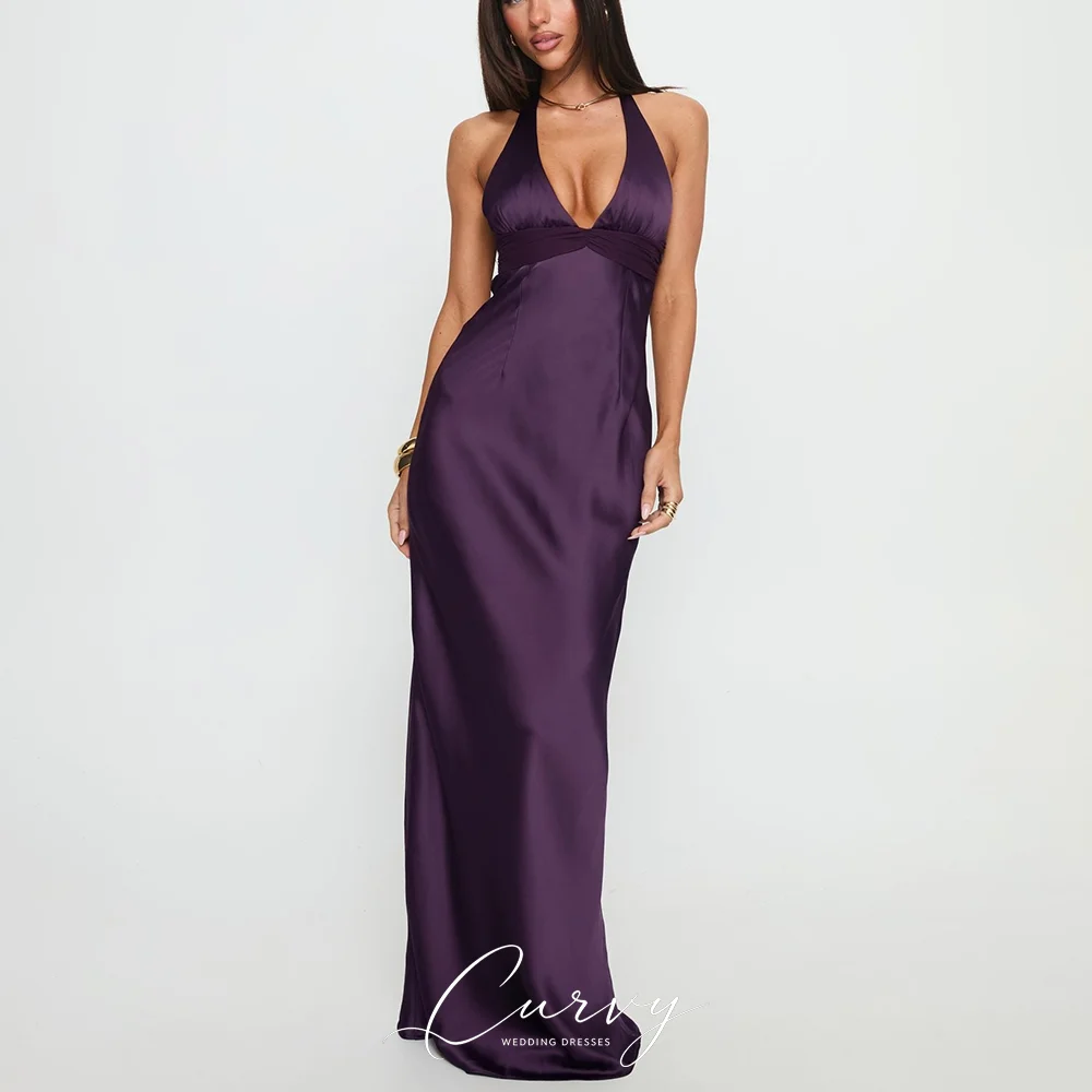 Curvy Modern Sexy Halter Neck Evening Dresses for Women Deep Purple Satin with Deep V Neck Low Back Tie Detail Customized