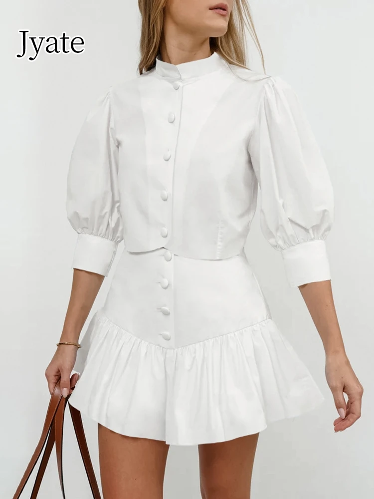 

Jyate 2024 New White Elegant Skirt Suits Women Puff Sleeve Shirts + Ruffle Skirts Cotton Linen Vacation Outfits Two Pieces Sets