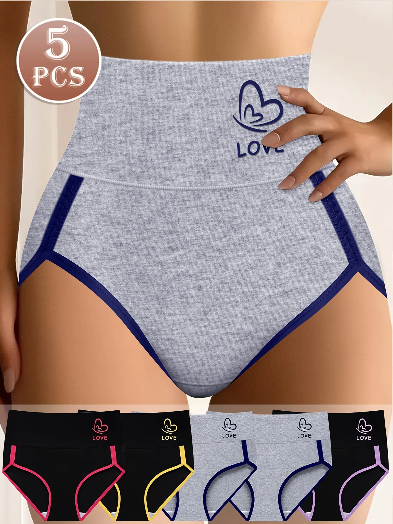 

5pcs Women's Mid-Rise Briefs, Elegant Colorblock Design with Pink Accents, Comfortable Tummy Control Waist Cincher, Polye