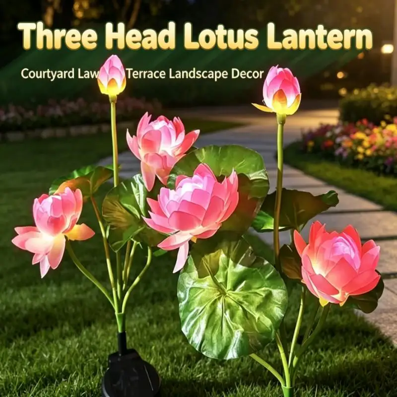 Outdoor Solar Lotus Lantern Light LED Flower Stake Lamp Three Head Design Waterproof Garden Yard Pathway Landscape Decor