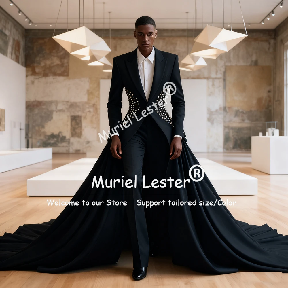 Luxury Pearls Wedding Suits For Men Slim Fit Single Breasted Blazer With Long Train Customized Costume Homme Groom Tuxedos 3Pcs
