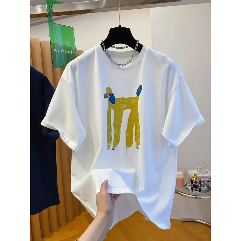 Oversized Abstract Dog Print T-shirt for Women Casual Loose Fit Short Sleeve Cotton Top