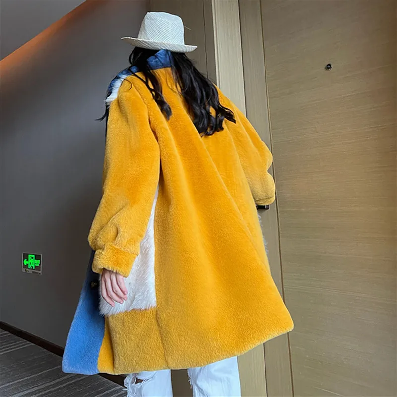 Spliced Faux Fur Jacket Women New 2023 Winter Thickening Warm Plush Coat Patchwork Fashion Lapel Faux Rabbit Fur Coat Female