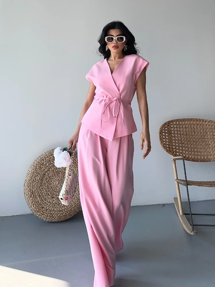 

Casual Loose Pants 2-piece Sets Solid V-neck Short Sleeve Lace Up Tops Wide Leg Trousers For Female 2025 Summer Street Outfits