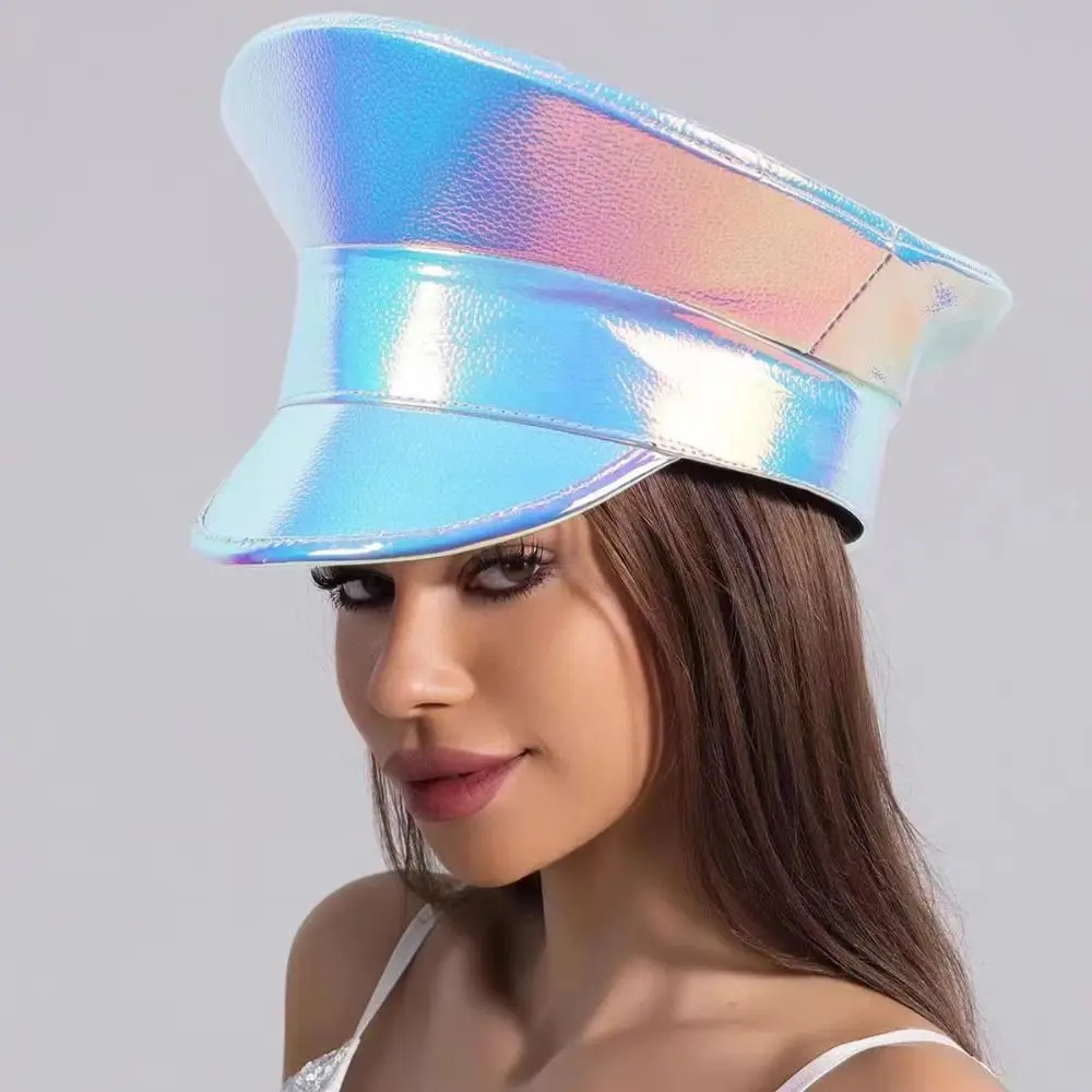 Summer Hat PU Leather Laser Hats UV Protection Waterproof Leather Beret Sunscreen Flat Caps Captain Cap Women