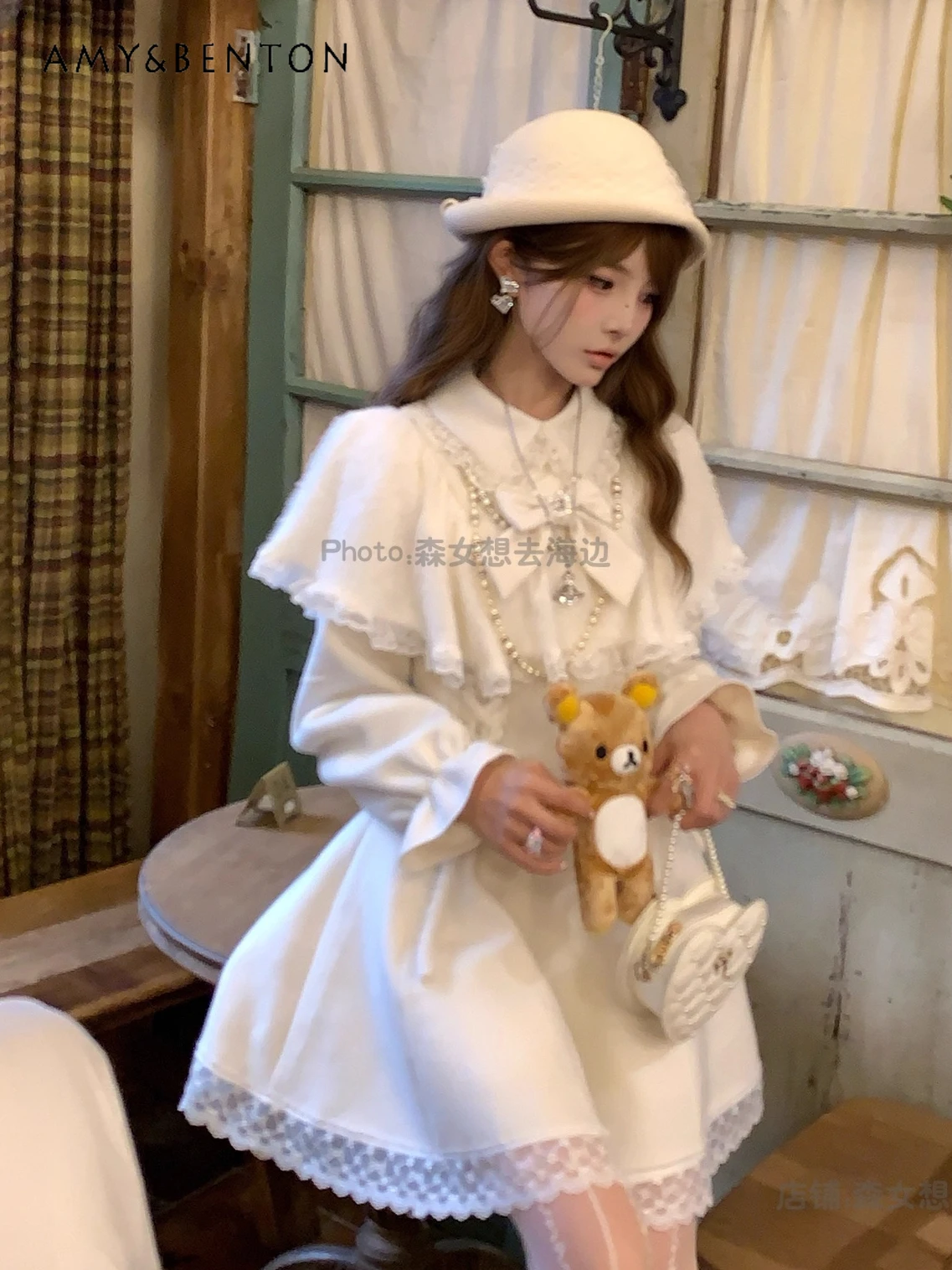 Elegant Gentle Princess Atmosphere Cape Dress Sweet Cute Bow Lace Plush Patchwork Slim Mini Dress for Women Autumn Winter New