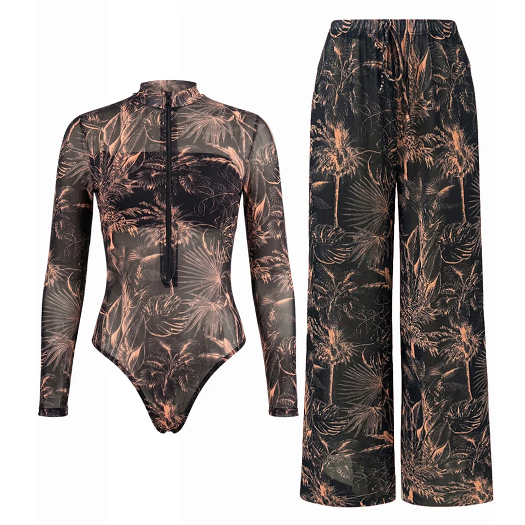 S - XXL Neuer Badeanzug mit Blättermuster, langen Ärmeln und Reißverschluss, einteiliger Badeanzug für Damen, Badebekleidung, Badeanzug, Modell V8355. – Detail 8