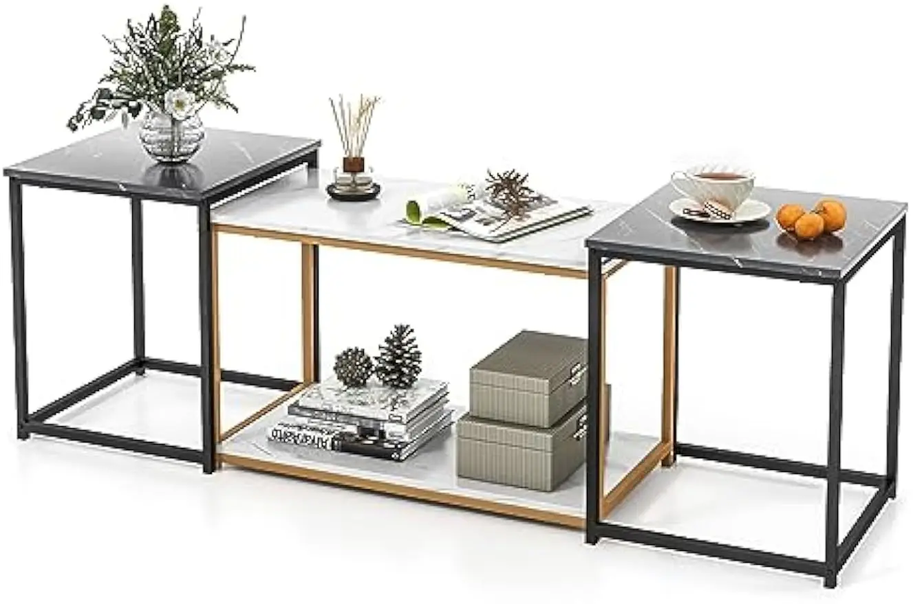 

Modern Nesting Coffee Table - 3 PCS Faux Marble Top End Table Set w/Heavy Duty Metal Frame, 1 Rectangular Table & 2 Square