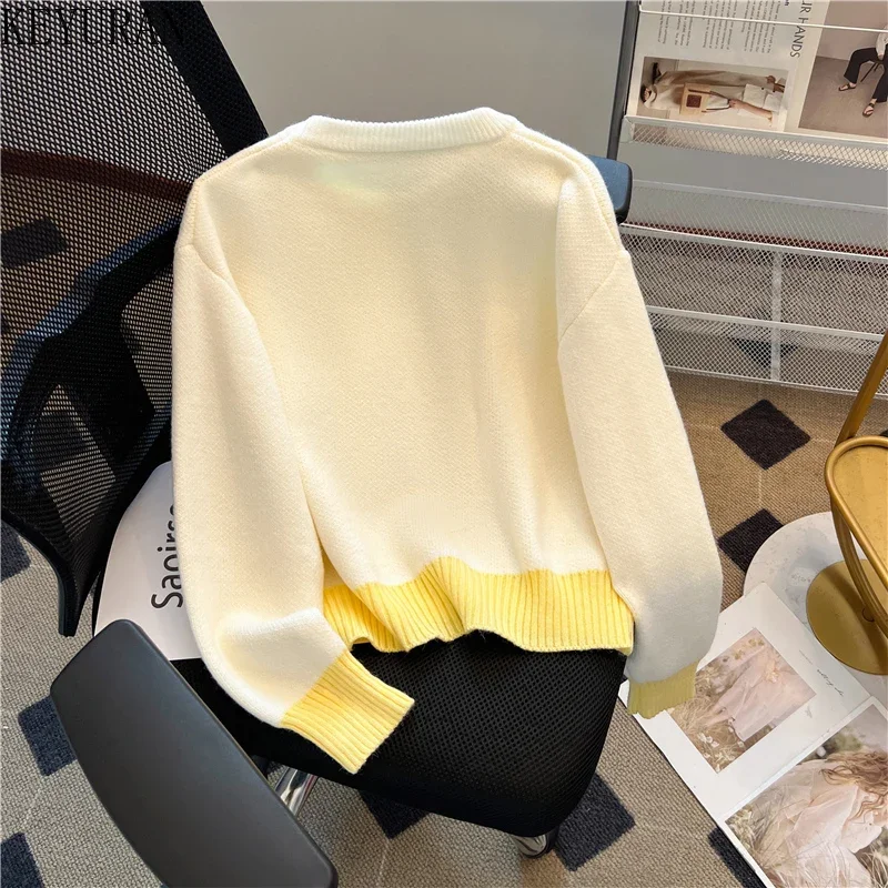 Yellow Bufferfly Jacquard Knitted Pullover Sweater Women Korean Fashion Chic O Neck Long Sleeve Soft Knitwear Tops Ladies Jumper