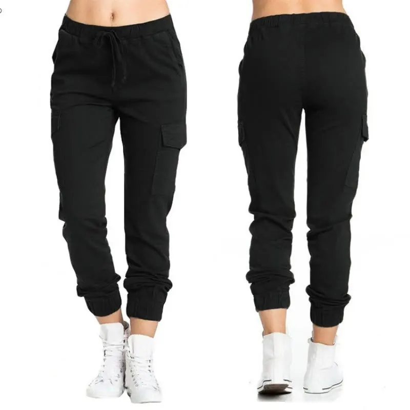 Women's Solid Jogger Cargo Pants New Multi-Pockets Drawstring Elastic Waist Female Sports Trousers Streetwear Casual Long Pants