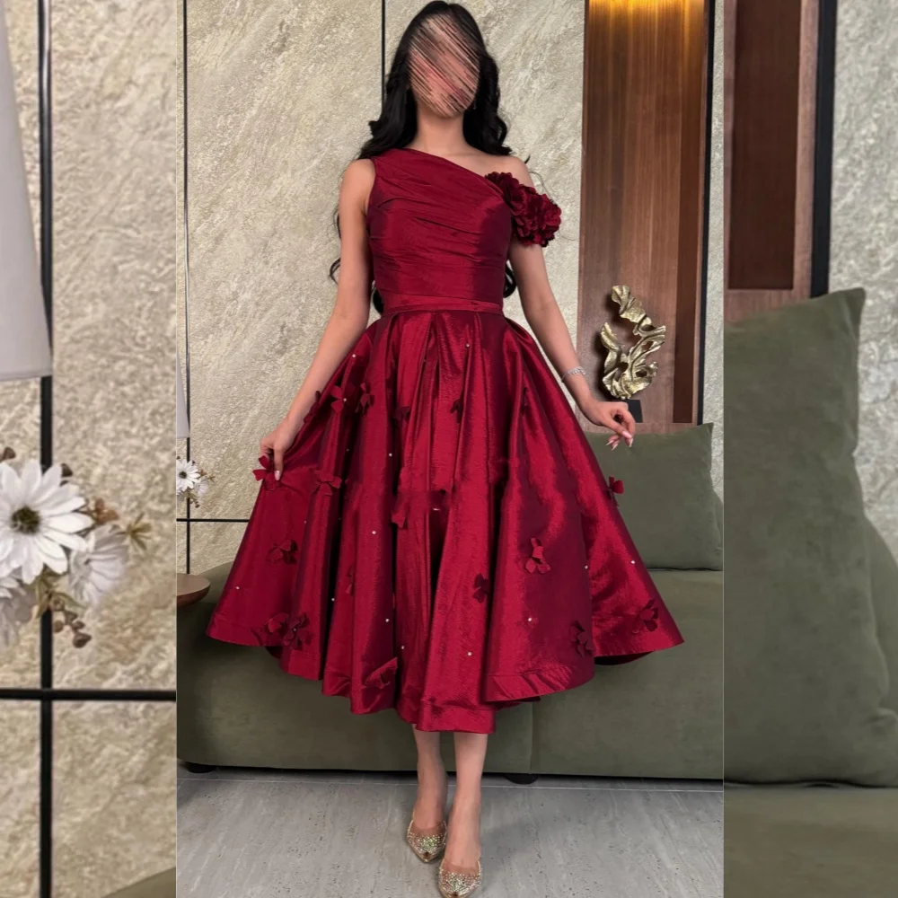 

Customized Exquisite Charmeuse Flower Pleat A-line Off-the-shoulder Midi Dresses Bespoke Occasion Fashion