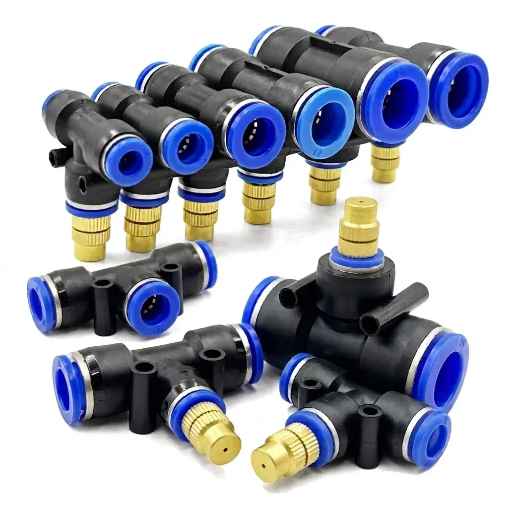 Outdoor Garden Irrigation Brass Misting Nozzle with Tee Adapter Sprayer for Watering System Using 6 8 10 12 14 16mm PE Tubing