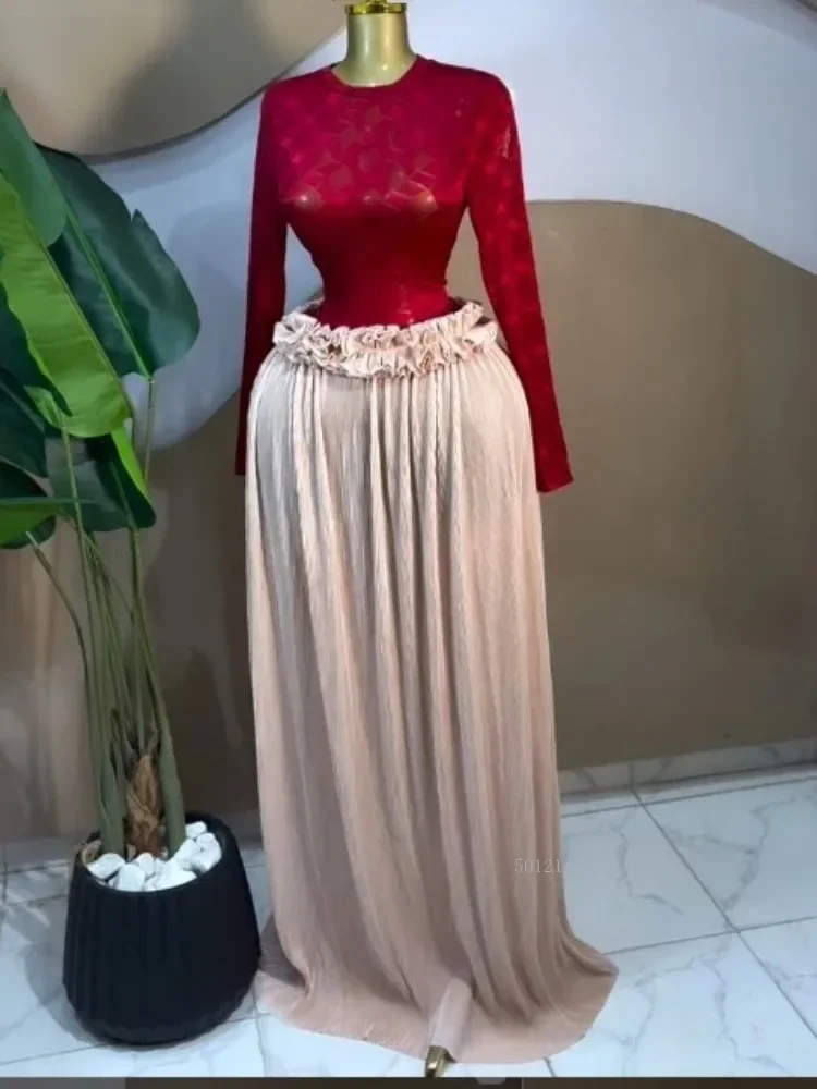 Sexy Women Lace See Though Long Sleeve T-shirts Tops and Ruffles Waist Pleated Maxi Skirt 2026 Street Two Piece Set Outfits