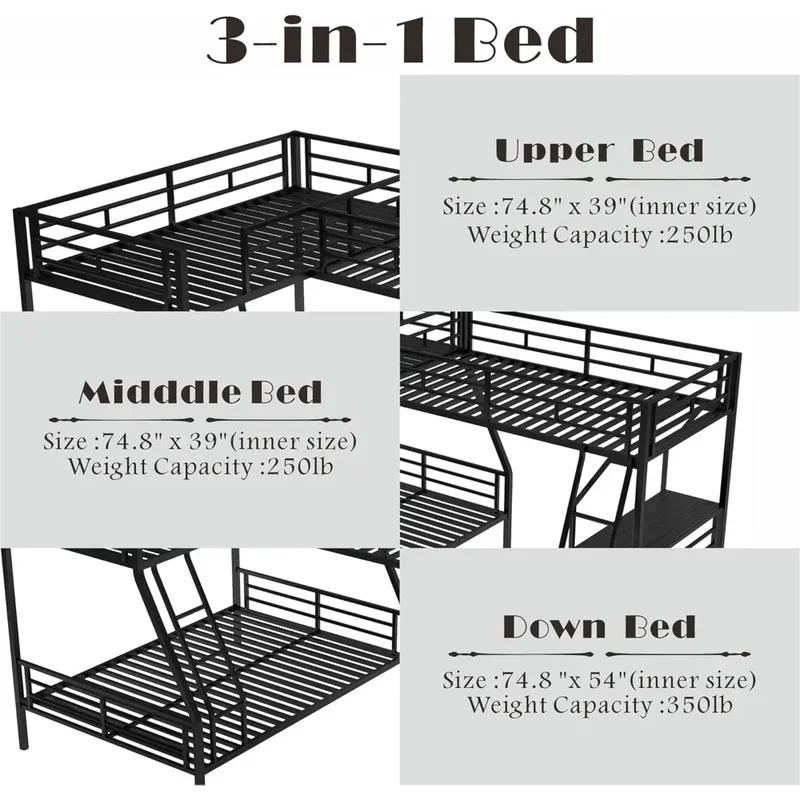 سرير معدني ثلاثي بطابقين على شكل حرف L مع مكتب، مزدوج فوق مساحة نوم كاملة، يتضمن علويًا وسلمًا مزدوجًا للأطفال #4