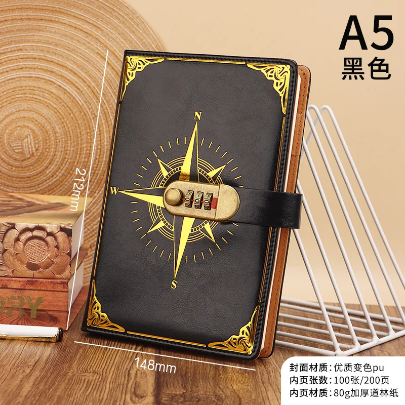 A5 Mit Schloss Tagebuch Notebook Kompass Hand Ledger Student Notizblock Schreibwaren Retro Passwort Buch – Detail 11