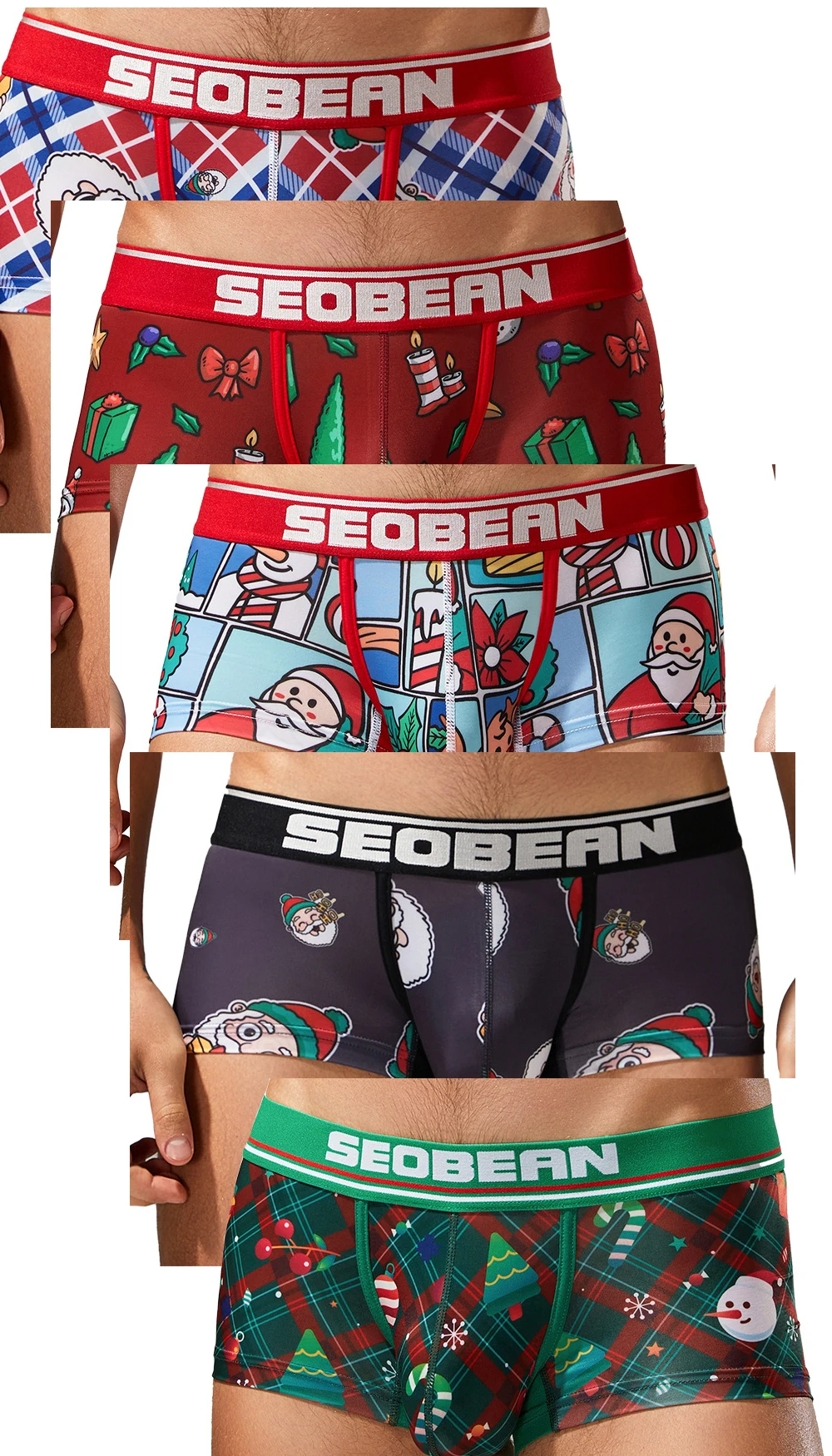 Seobean 5-Pack Christmas Elements Men's Comfortable Fashion Briefs Flat Angle Underwear for Men