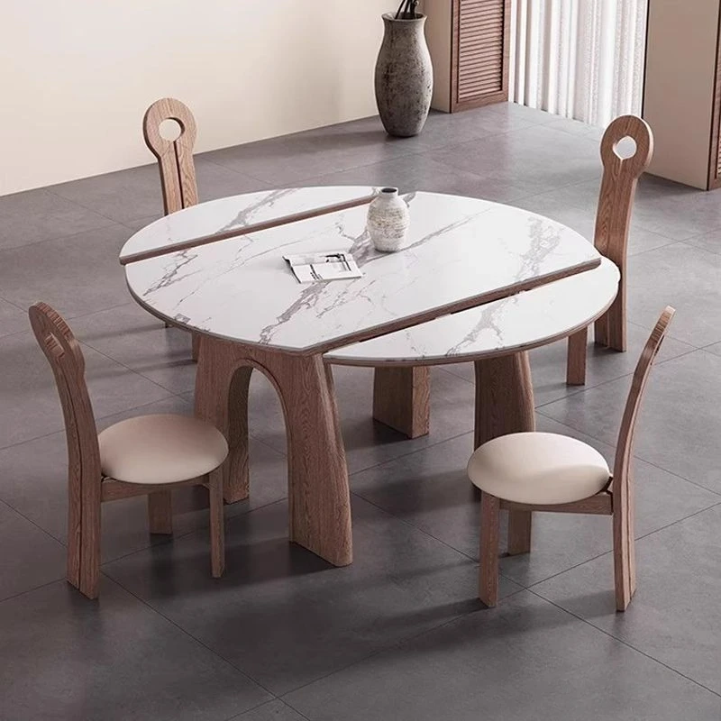 Medieval folding solid wood dining table and chair rock slab 2025 new American French telescopic table small apartment